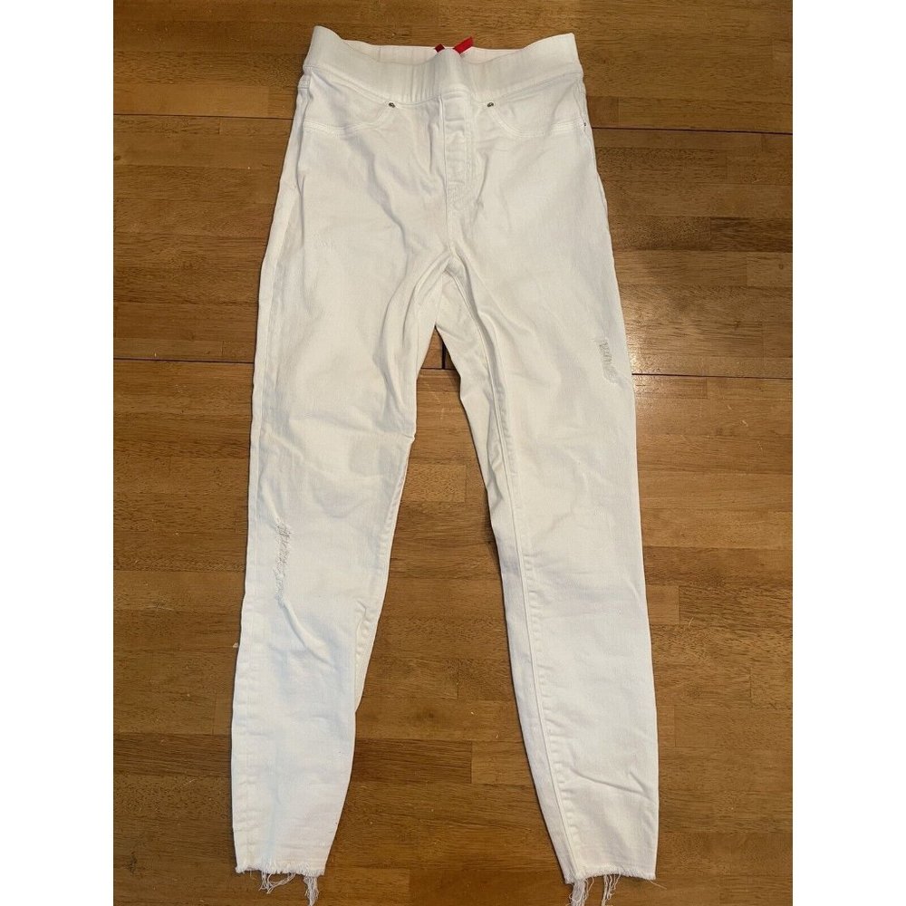 SPANX Jeans Women's S/P Pull On‎ Skinny Distressed Raw Frayed Hem WHITE